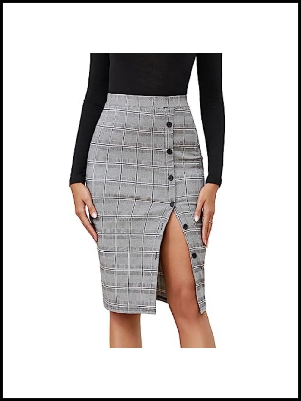 Plaid Pencil Midi Skirt High Waist Bodycon Slit Work Business Office Skirt